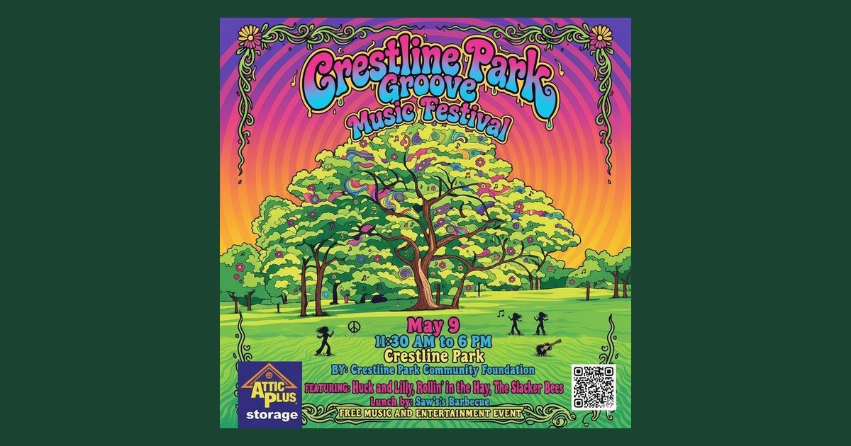 Crestline Park Groove 2026 festival poster: May 9, noon to 6 PM at Crestline Park, free music and entertainment event, title sponsor Attic Plus Storage, featuring Huck and Lilly, Rollin' in the Hay, and The Slacker Bees, lunch by Saw's Barbecue